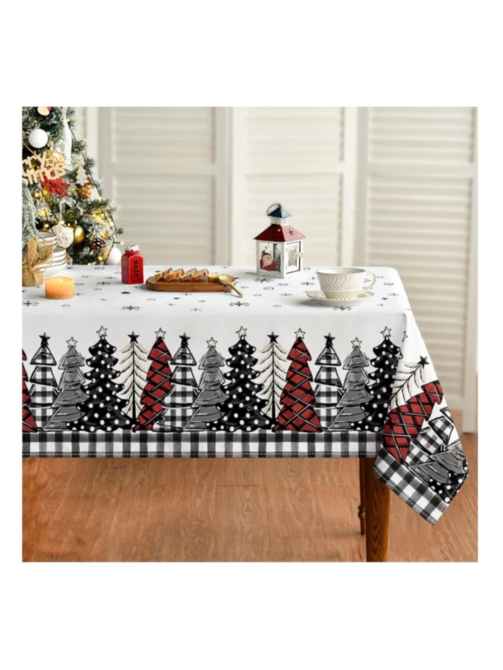 Horaldaily Christmas Tree Buffalo Plaid Tablecloth 60” x 120” Black Red White